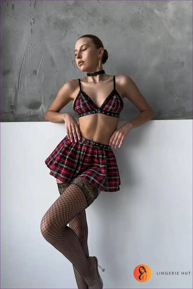 Plaid Bra Set with Skirt and Lace Trim