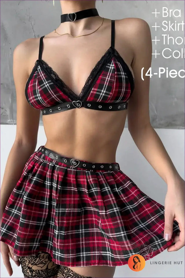 Plaid Bra Set with Skirt and Lace Trim