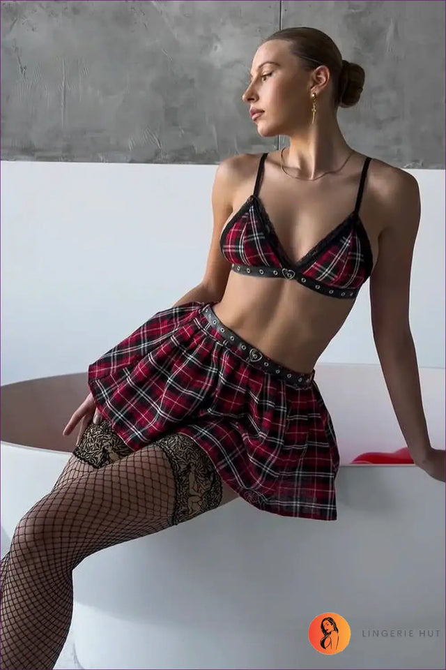 Plaid Bra Set with Skirt and Lace Trim