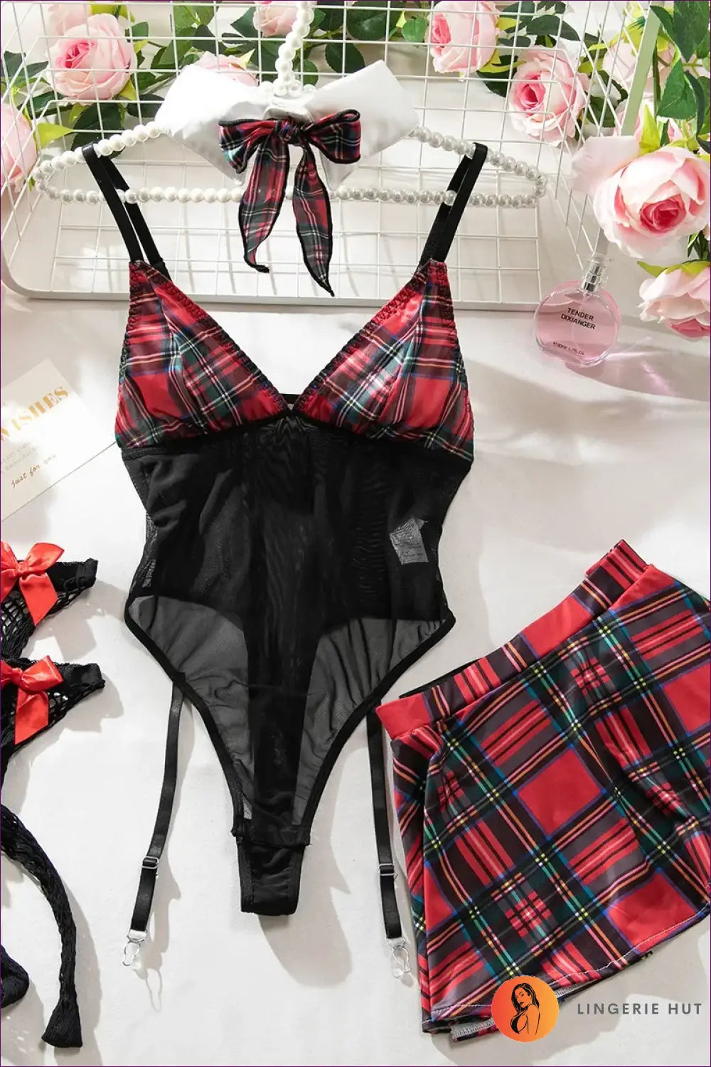 Plaid Maid Costume Set with Net Socks - Halloween Fantasy - Red / s - just in • Lingerie • Hut