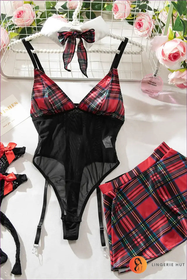 Plaid Maid Costume Set with Net Socks - Halloween Fantasy