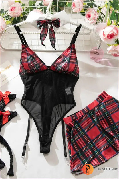 Plaid Maid Costume Set with Net Socks - Halloween Fantasy - just in • Lingerie • Hut