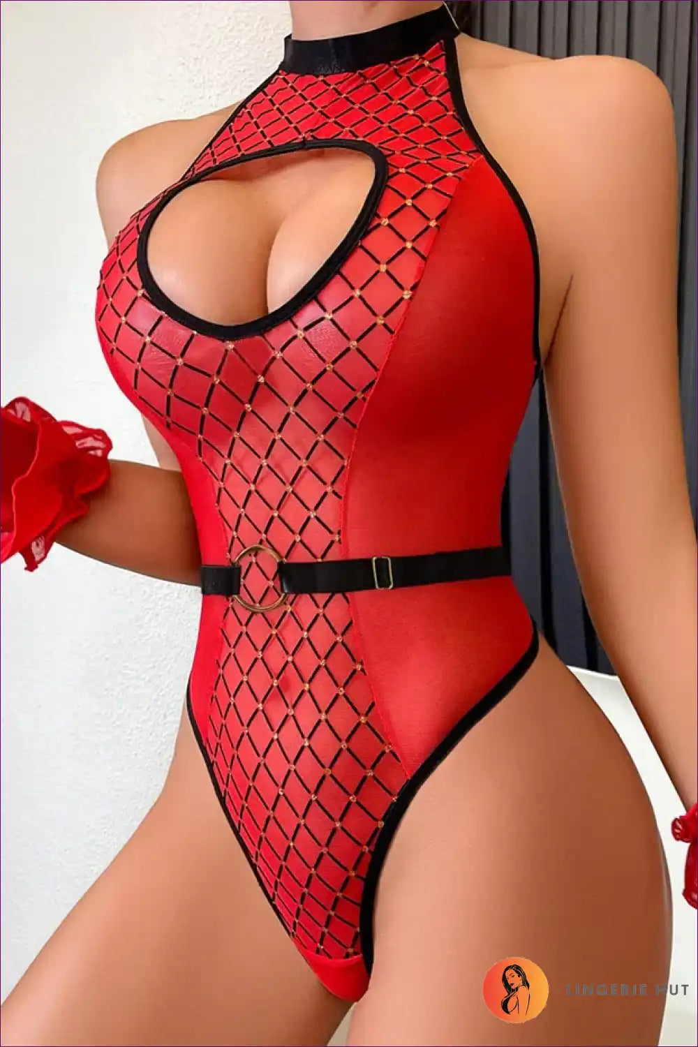 Plaid Mesh Bodysuit with Keyhole and Gloves - Sassy Elegance for Bodysuit, Boudoir, Cutout, Date Night,