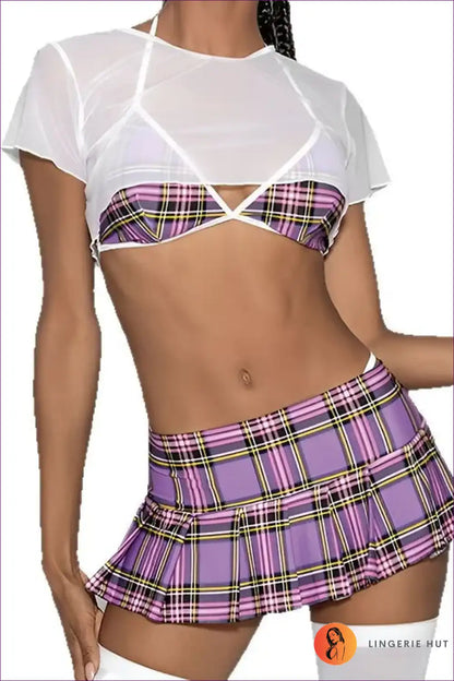 Plaid Mini Skirt Set with Tie Front Top for Playful Evenings Casual, co Ord, Crop, Everyday,