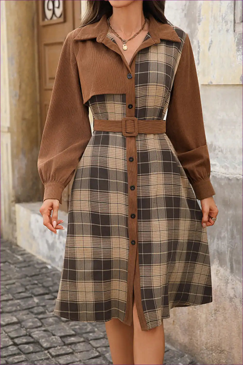 Plaid Patchwork Shirt Dress with Belt - Autumn Office for A-line, Autumn, Casual, Everyday,