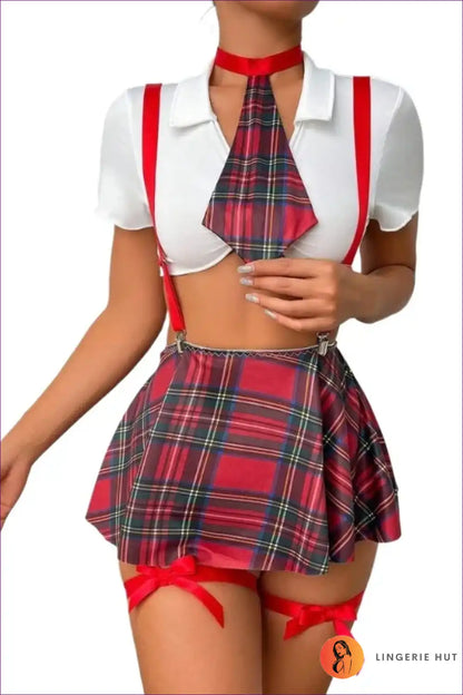 Plaid Pleated Skirt Costume with Suspenders & Tie - Spirited Nights for Boudoir, Costume, Garter, just In,