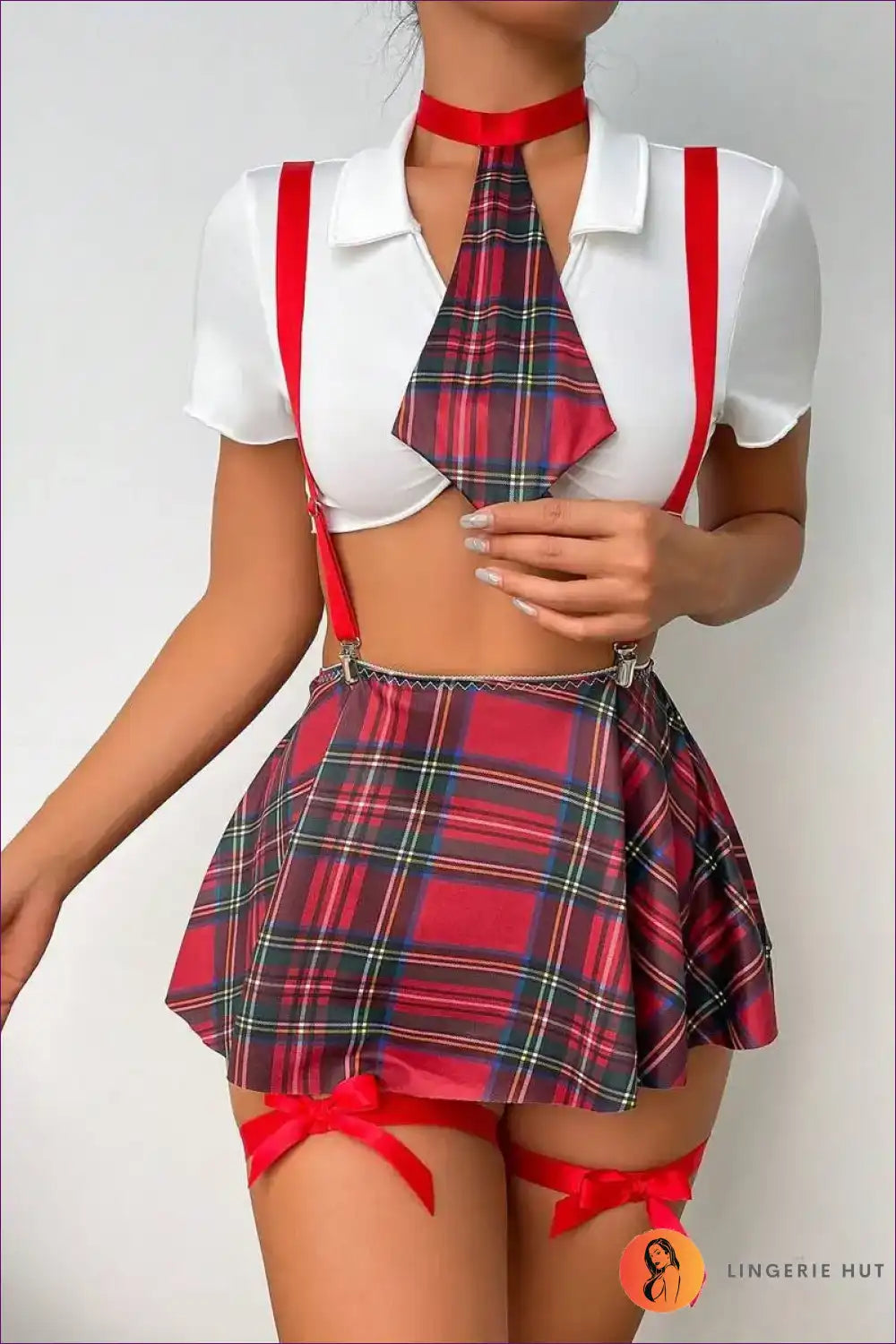 Plaid Pleated Skirt Costume with Suspenders & Tie - Spirited Nights for Boudoir, Costume, Garter, just In,