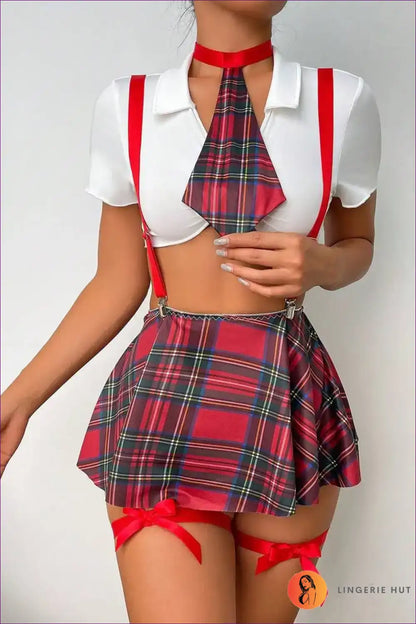 Plaid Pleated Skirt Costume with Suspenders & Tie - Spirited Nights for Boudoir, Costume, Garter, just In,