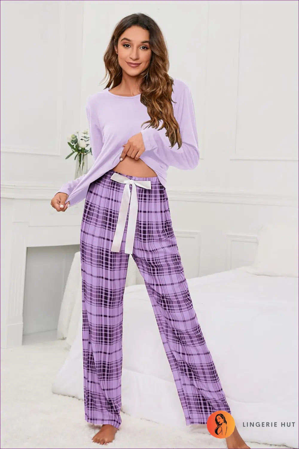 Plaid Pyjama Set with Tie-up Bow - Off-duty Comfort - s / Purple - Sleepwear & Loungewear - Lingerie Hut - Casual