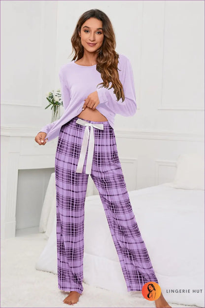 Plaid Pyjama Set with Tie-up Bow - Off-duty Comfort - s / Purple - Sleepwear & Loungewear - Lingerie Hut - Casual