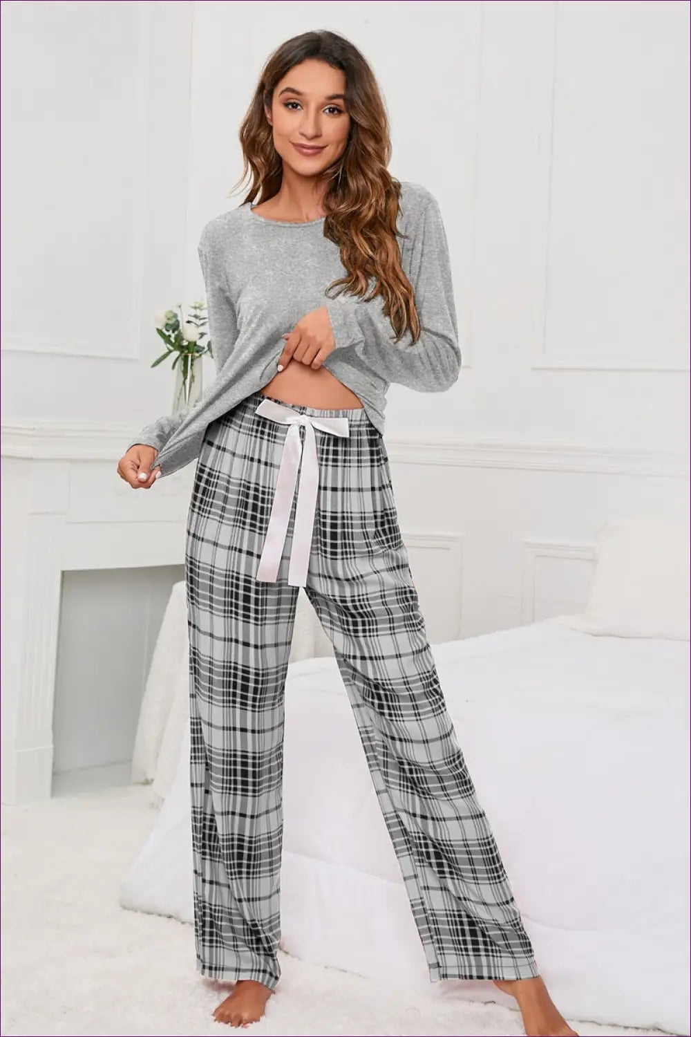 Plaid Pyjama Set with Tie-up Bow - Off-duty Comfort - Sleepwear & Loungewear - Lingerie Hut - Casual • Everyday