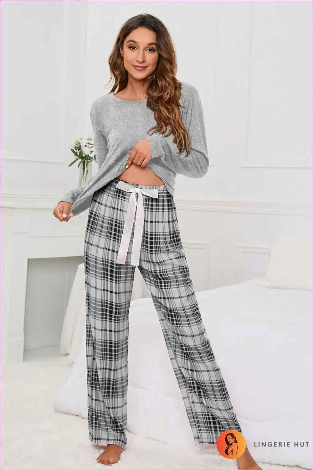 Plaid Pyjama Set with Tie-up Bow - Off-duty Comfort - s / Grey - Sleepwear & Loungewear - Lingerie Hut - Casual