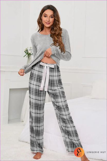 Plaid Pyjama Set with Tie-up Bow - Off-duty Comfort - s / Grey - Sleepwear & Loungewear - Lingerie Hut - Casual