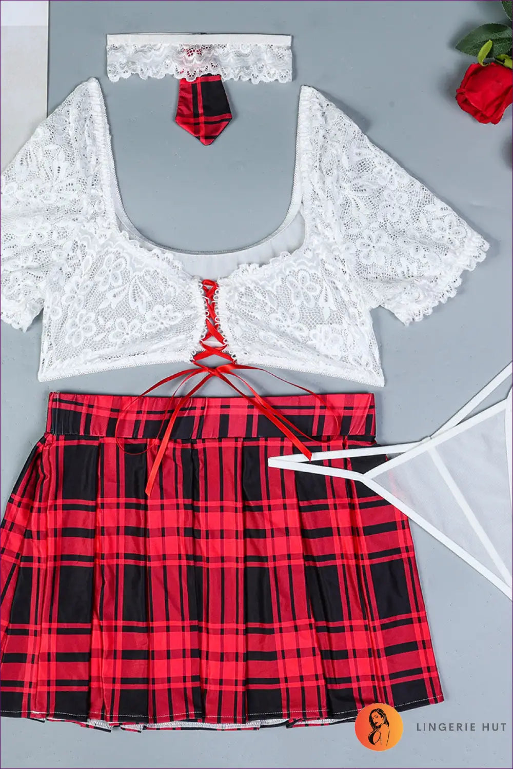 Plaid Skirt and Lace Crop Costume Set - Playful Roleplay Mood - s / Red - co Ord - Lingerie Hut - Floral • Lace • Maid