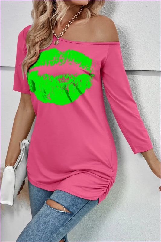Elevate Your Casual Style With Our Playful Red Lip Print Off-shoulder T-shirt. Vibrant Lip Graphic,