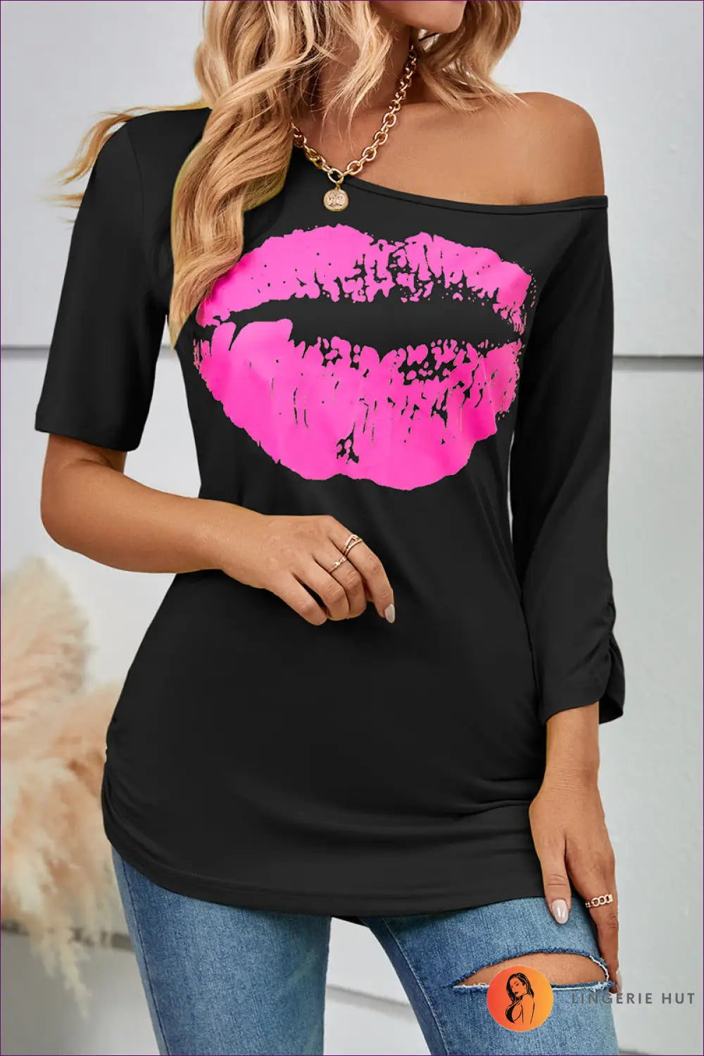 Off-shoulder Lip Print Top - not your Basic Tee - s / Rose Red on Black Background - Clothing - Lingerie Hut - All