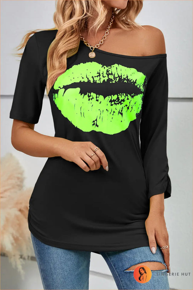 Off-Shoulder Lip Print Top - Not Your Basic Tee