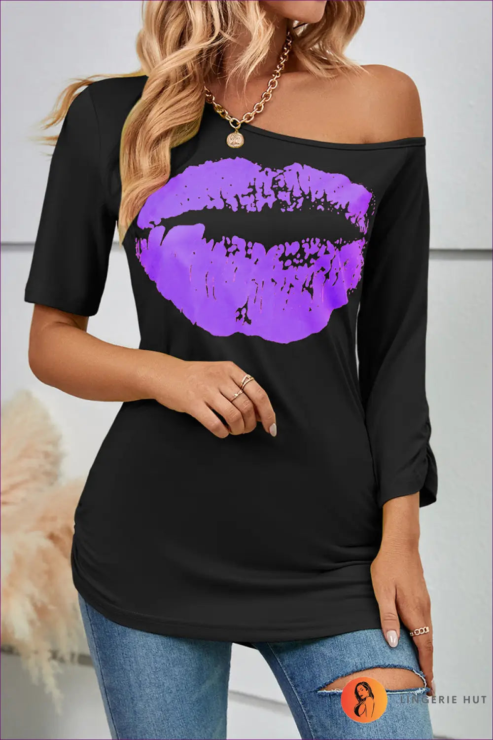 Off-shoulder Lip Print Top - not your Basic Tee - s / Black Background Purple - Clothing - Lingerie Hut - All Season