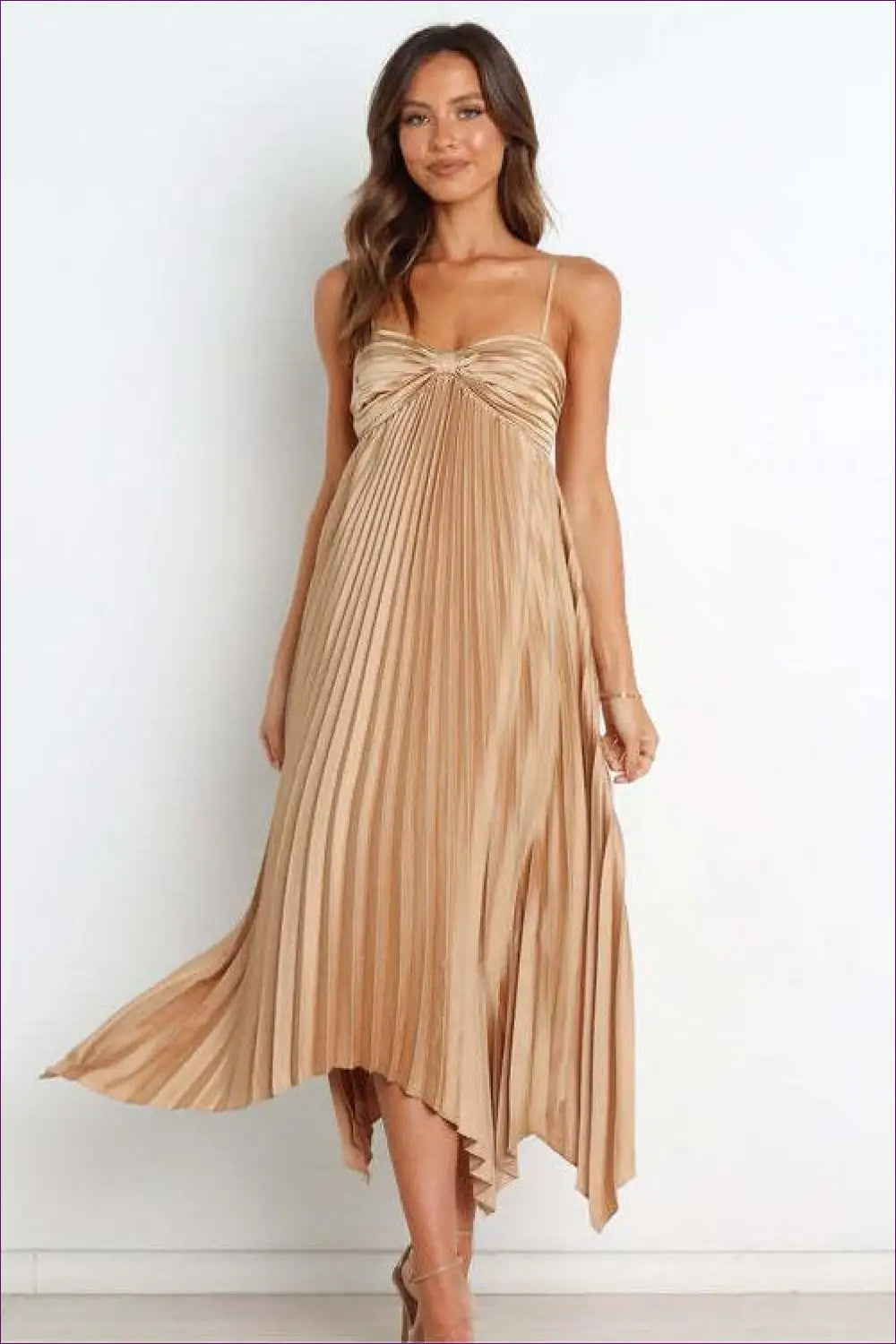 Pleated Asymmetric Midi Dress - Understated Glamour - s / Gold - Dresses - Lingerie Hut - All Season • Cutout • Evening