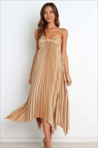 Pleated Asymmetric Midi Dress - Understated Glamour - s / Gold - Dresses - Lingerie Hut - All Season • Cutout • Evening