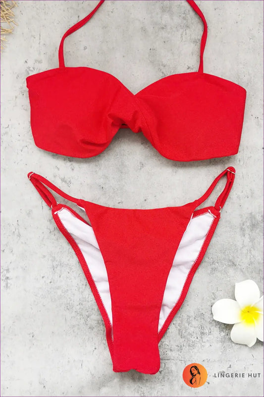 Pleated Bandeau Bikini with Twist Front - Sunset Pool Nights - s / Swimwear - Beachwear • Halter • High Leg