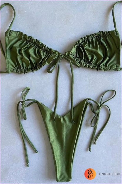 Pleated Bikini High Cut Swimwear Women Triangle Two Piece Set Knot Swimsuit Brazilian Bathing Suit Micro Beach Wear - l