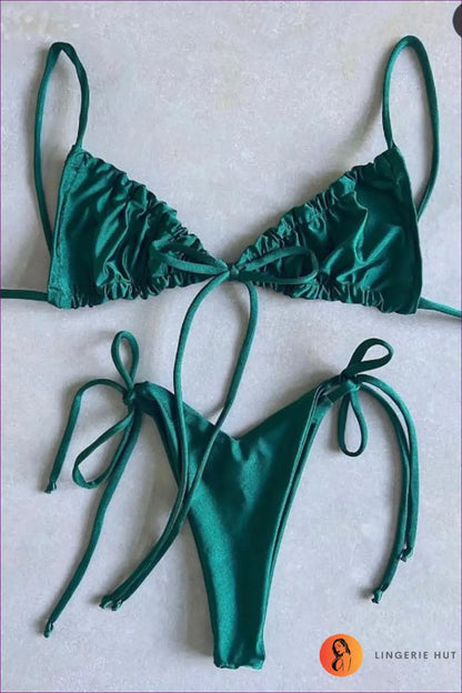 Pleated Bikini High Cut Swimwear Women Triangle Two Piece Set Knot Swimsuit Brazilian Bathing Suit Micro Beach Wear - l
