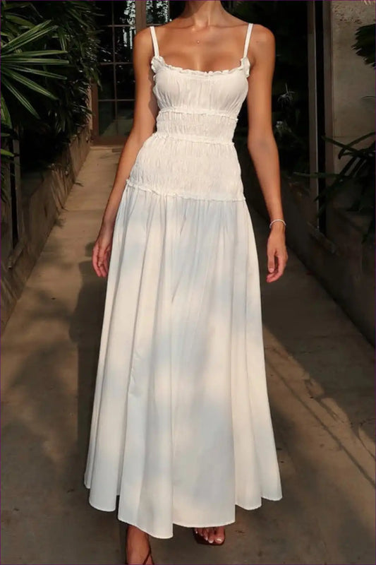 Pleated Cami Maxi Dress with Smocked Bodice - Summer Escape for A-line, Boho, Casual, Everyday,