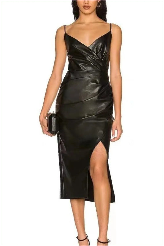 Step Into The Limelight With Lingerie Hut’s Pleated Faux Leather Cami Dress. Its Cowl Neck And Midi Slit
