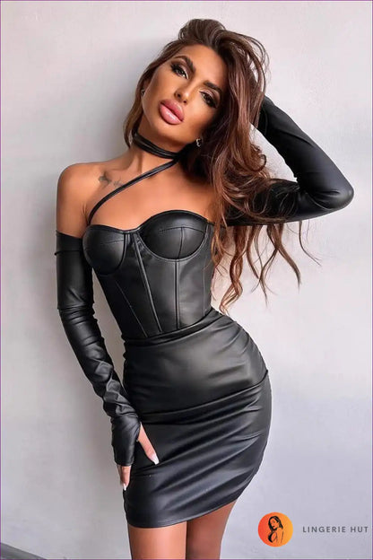 Pleated Faux Leather Corset Dress for Night-out Confidence Bodycon, Corset, Date Night, Evening Wear,
