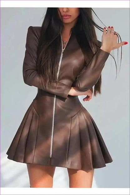 Pleated Faux Leather Mini Dress with Zip Detail - Modern Rebel Energy for a Line, Evening Wear, Leather,