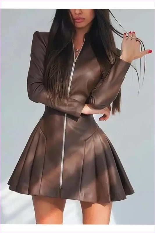 Pleated Leather Dress with Front Zip Detail - Sleek Structured Style - just in • Lingerie - Hut