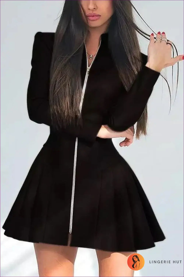 Pleated Leather Dress with Front Zip Detail - Sleek Structured Style