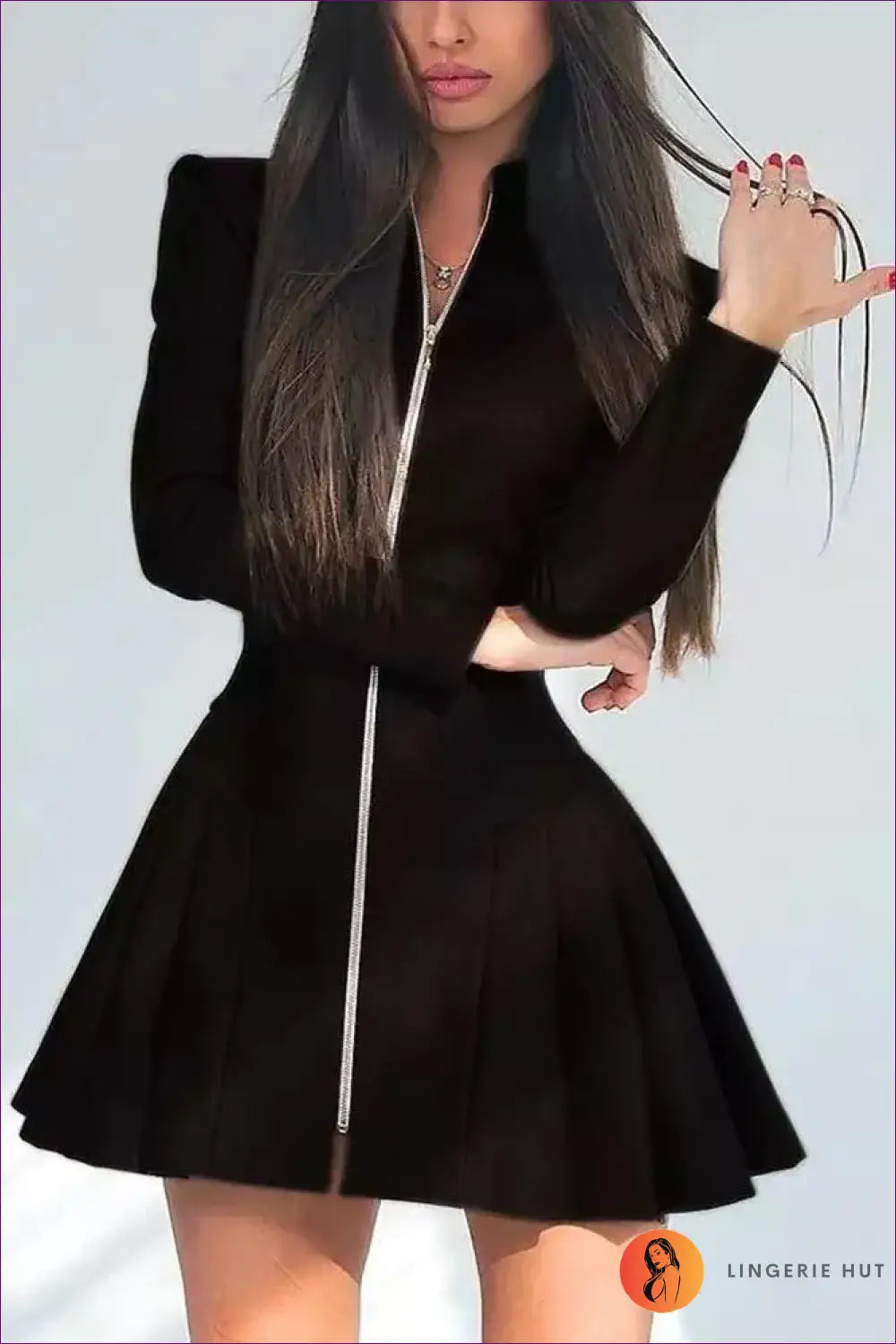 Pleated Leather Dress with Front Zip Detail - Sleek Structured Style - just in • Lingerie - Hut