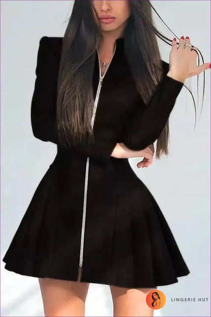 Pleated Leather Dress with Front Zip Detail - Sleek Structured Style - just in • Lingerie - Hut