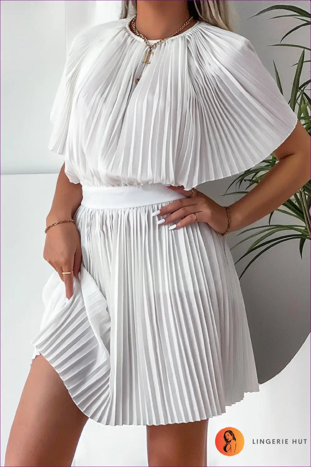 Pleated A-line Mini Dress - Effortless Daytime Glamour - s / White - Dresses - Lingerie Hut - Casual • Cutout • Everyday