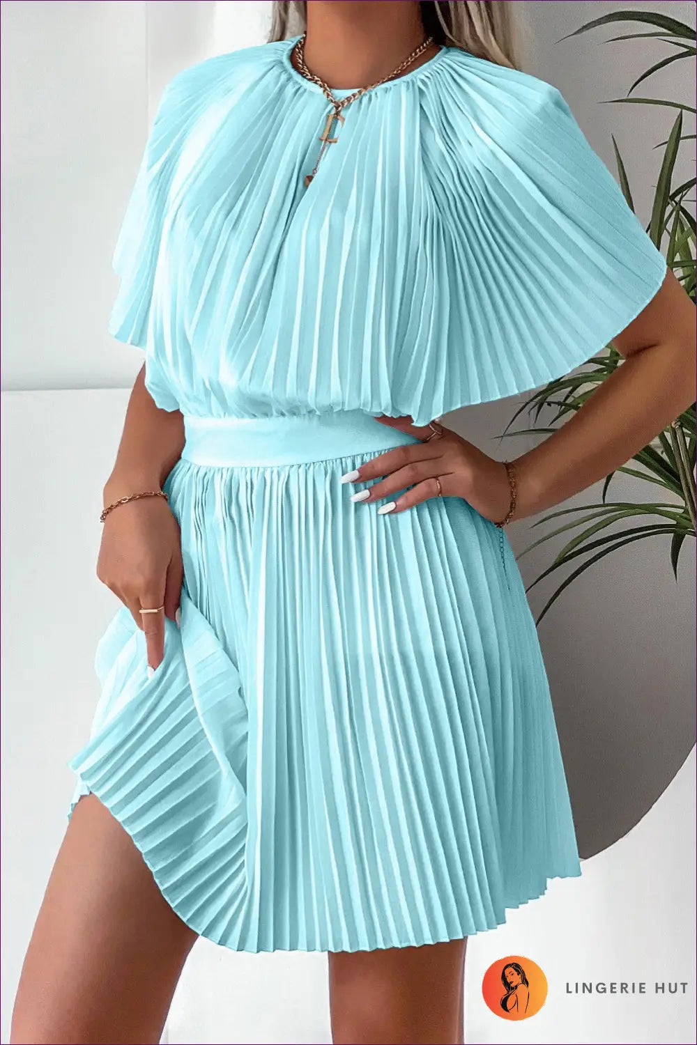 Pleated A-line Mini Dress - Effortless Daytime Glamour - s / Blue - Dresses - Lingerie Hut - Casual • Cutout • Everyday
