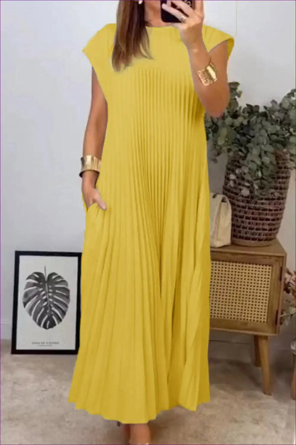 Pleated Maxi Dress with Cap Sleeves - Effortless Style