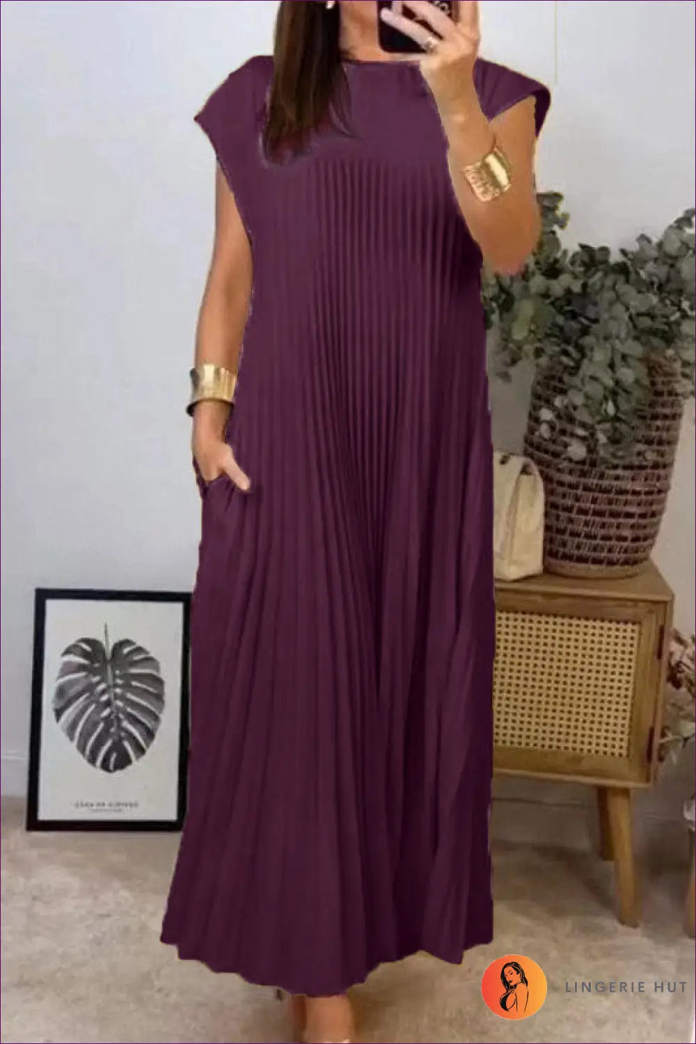 Pleated Maxi Dress with Cap Sleeves - Understated Glamour - s / Burgundy - Dresses - A-line • A-line Dress • Clothing