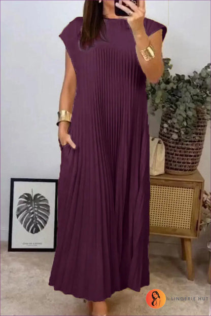 Pleated Maxi Dress with Cap Sleeves - Understated Glamour - s / Burgundy - Dresses - A-line • A-line Dress • Clothing