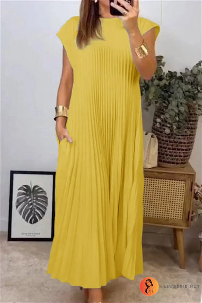 Pleated Maxi Dress with Cap Sleeves - Understated Glamour - s / Yellow - Dresses - A-line • A-line Dress • Clothing