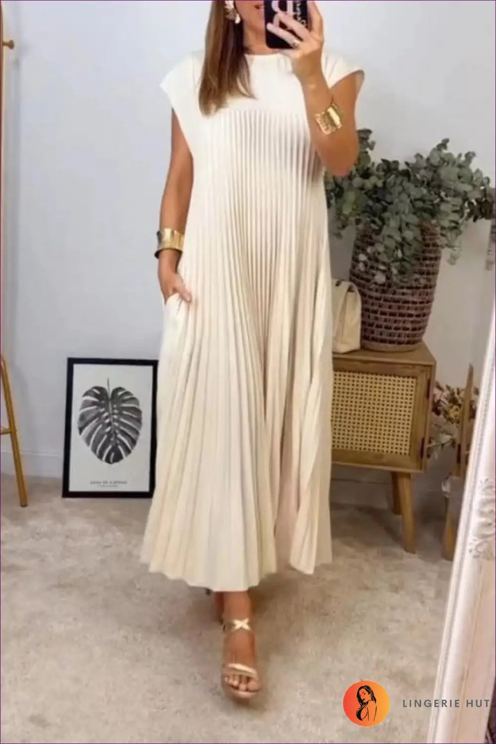 Pleated Maxi Dress with Cap Sleeves - Understated Glamour - s / Ivory - Dresses - A-line • A-line Dress • Clothing