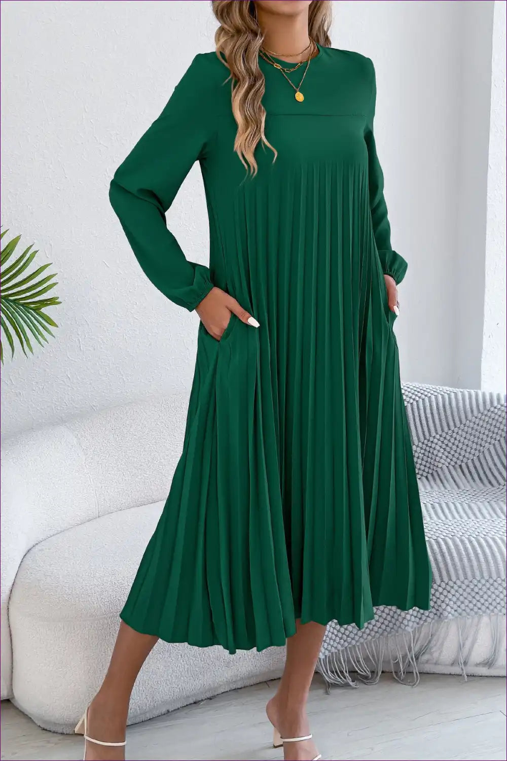 Pleated Maxi Dress with Long Sleeves and Pockets for All Season, Autumn, Casual, Everyday,