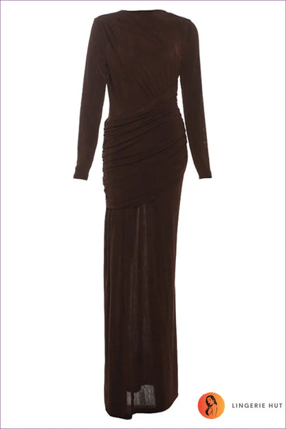 Pleated Maxi Dress with Long Sleeves - Understated Glamour - s / Coffee - Dresses - Autumn • Casual • Clothing
