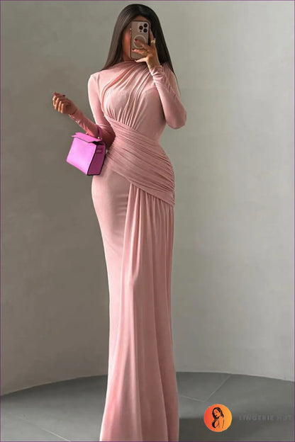 Pleated Maxi Dress with Long Sleeves - Understated Glamour - s / Pink - Dresses - Autumn • Casual • Clothing • Everyday