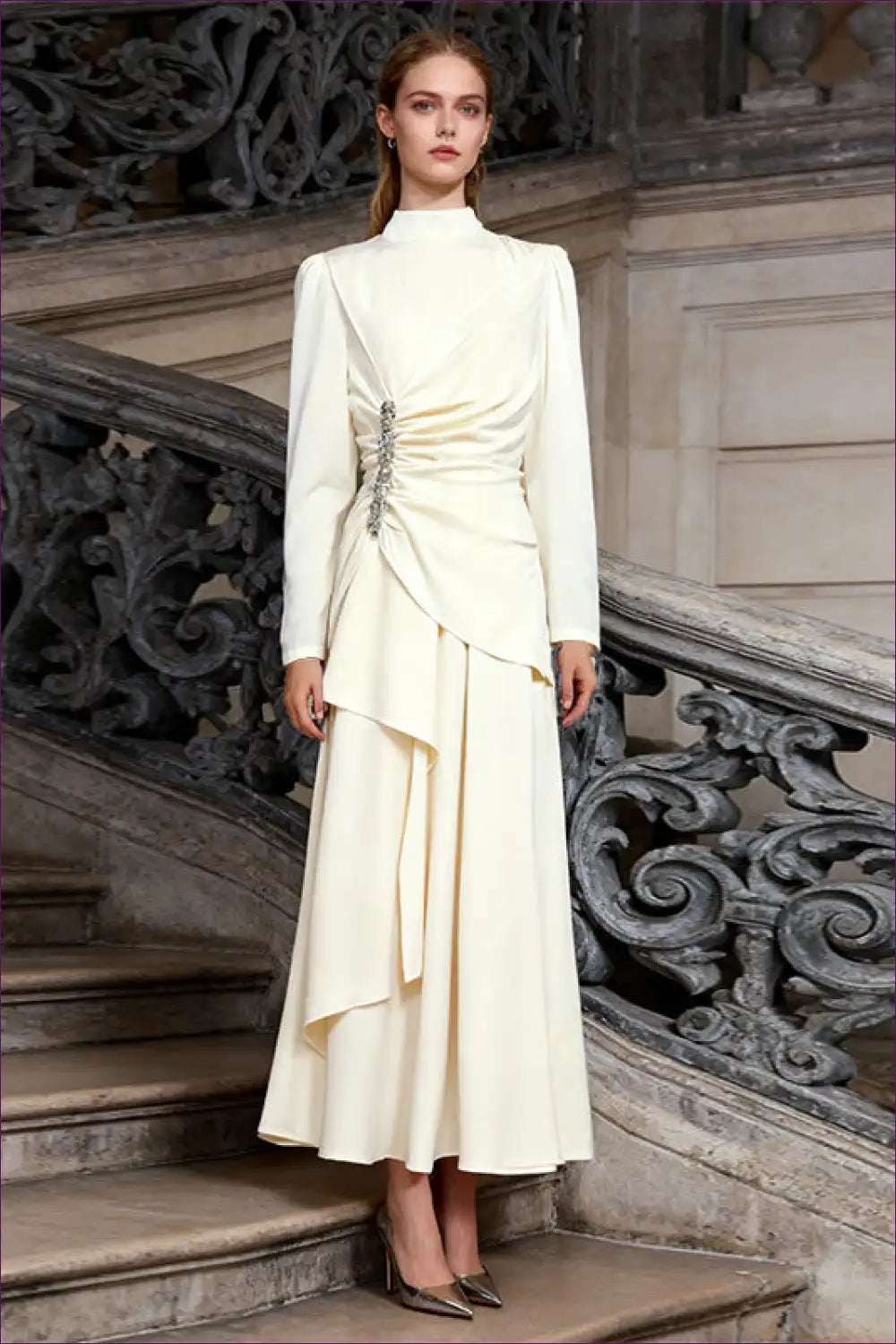 Pleated Maxi Dress with Rhinestone Waist - Elegant Occasion for A-line, Date Night, Dresses, Evening Wear,