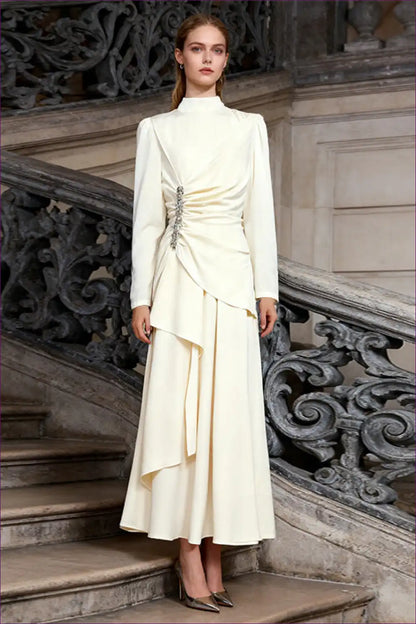 Pleated Maxi Dress with Rhinestone Waist - Elegant Occasion for A-line, Date Night, Dresses, Evening Wear,