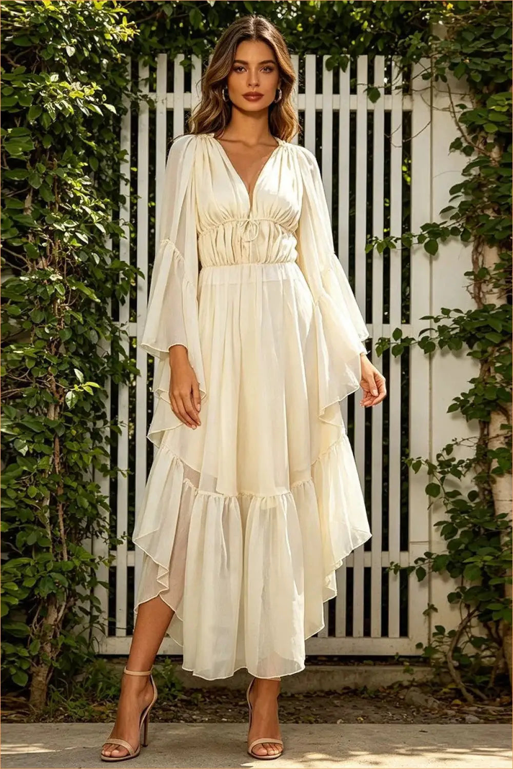 Pleated Maxi Dress with Ruffle Sleeve Detail - Retro Elegance - Evening Wear • just in • Party • Lingerie Hut