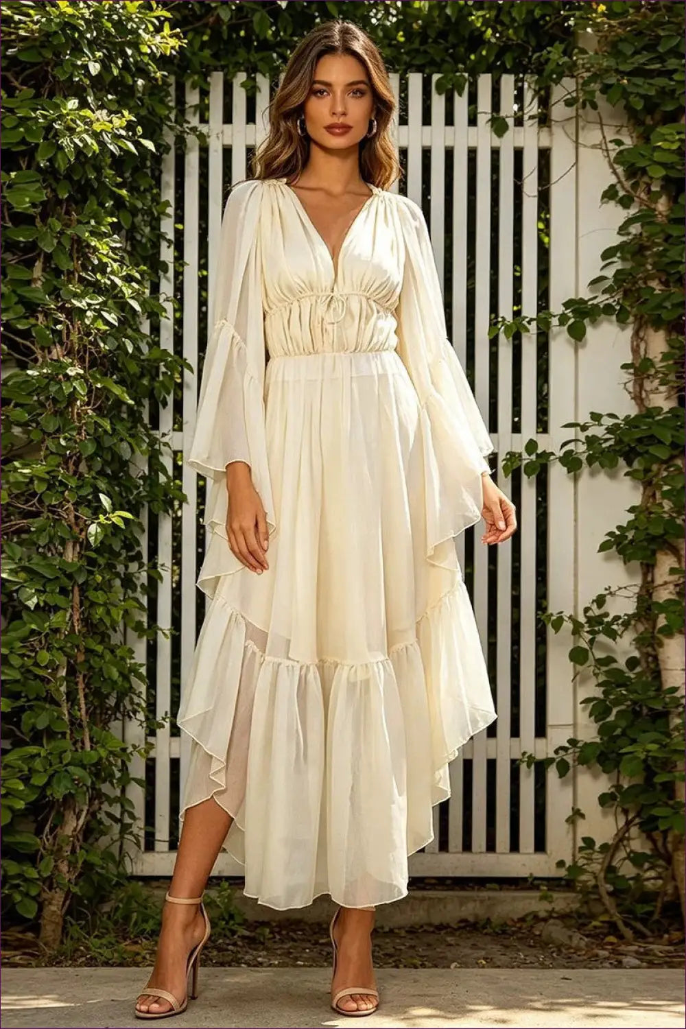 Pleated Maxi Dress with Ruffle Sleeve Detail - Retro Elegance - Evening Wear • just in • Party • Lingerie Hut