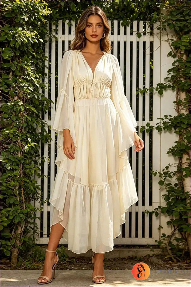 Pleated Maxi Dress with Ruffle Sleeve Detail - Retro Elegance